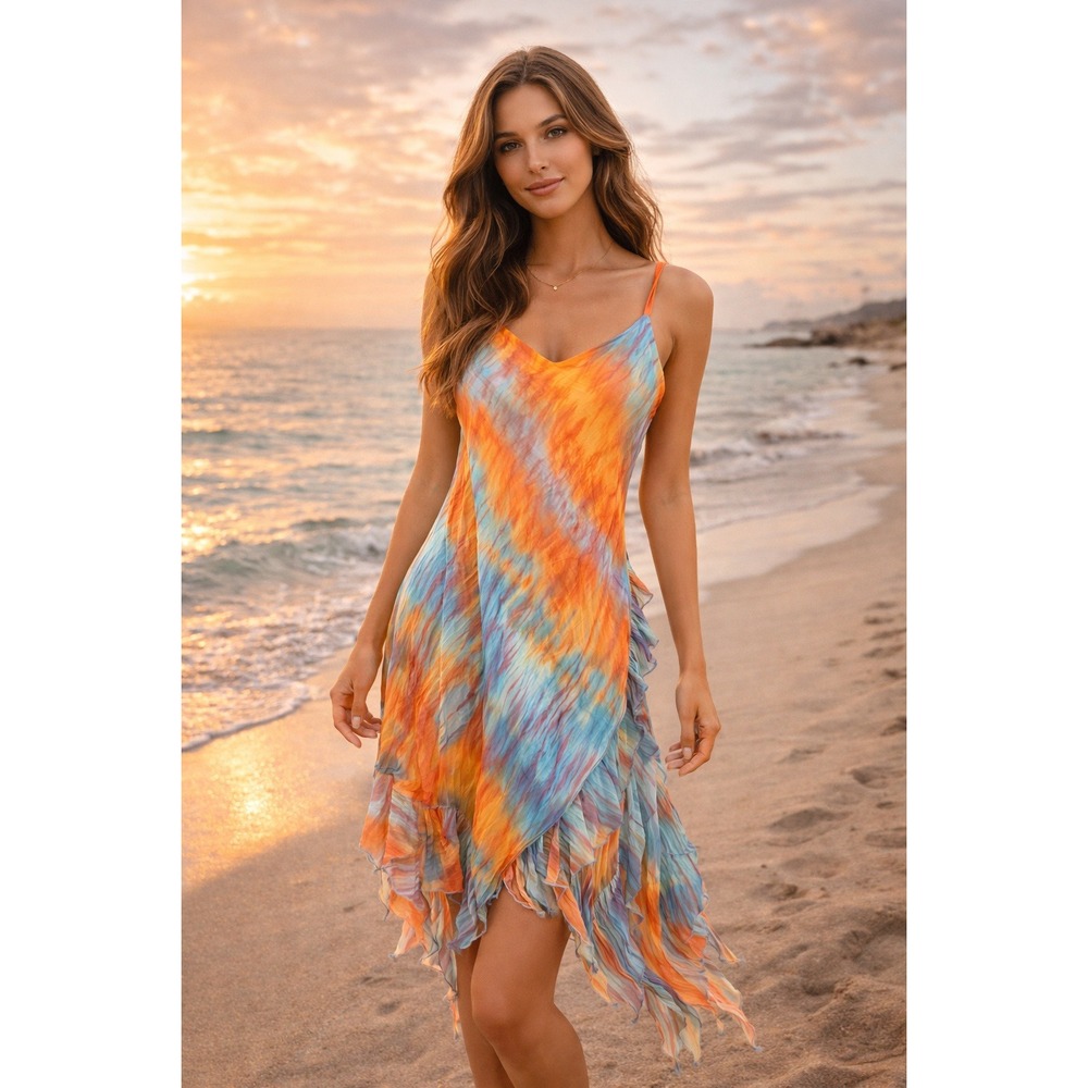 Ecco Mi Dress Women S Blue Bohemian Tie Dye Shark Bite Hem Y2K Vacation Ethereal